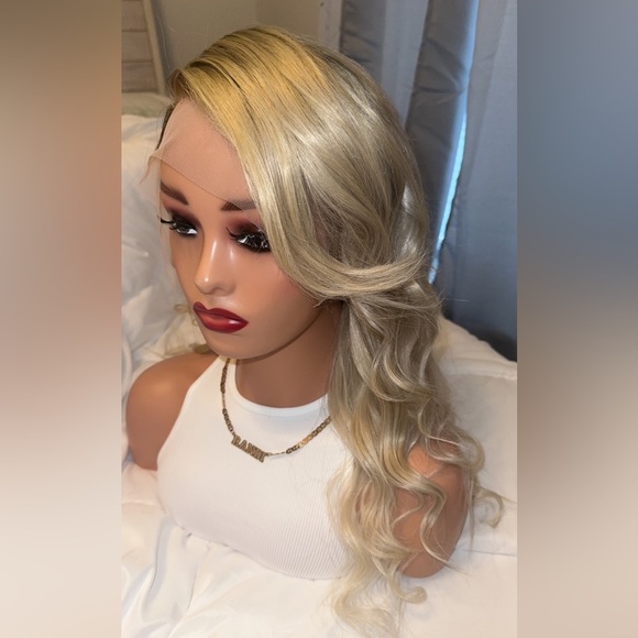 Dark root Blonde Human Hair Wig - Picture 2 of 12